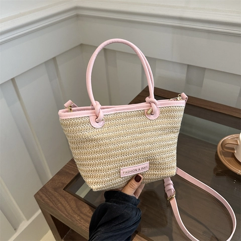 Damen Sommer Stroh Gewebte Umhängetasche Mit PU Lederbesatz Lässige Eimertasche Für Den Täglichen Urlaub Mode-Accessoire