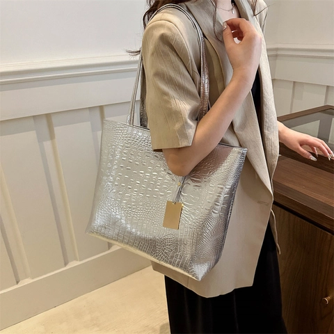 Dames Mode Krokodillenpatroon PU Leer Tote Bag Grote Capaciteit Schoudertas Woon-werkverkeer Goud Zilver Zwart Reliëf Handtas