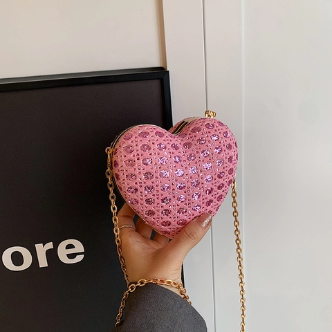 Borsa da Sera a Forma di Cuore con Strass per Donna Mini Borsa a Tracolla in Pelle PU con Cinghia a Catena Borsa da Festa