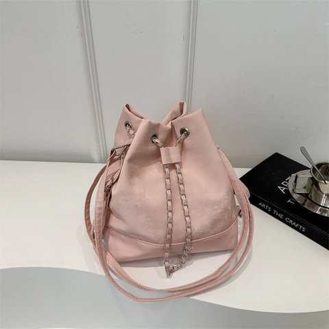 Women Fashion Chain Drawstring Bucket Bag Multi-functional PU Leather Splicing Large Capacity Crossbody Backpack Stylish Casual Handbag
