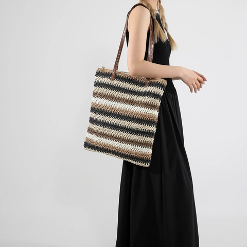 Summer Women Striped Straw Woven Tote Bag Large Capacity Shoulder Bag With Zipper Closure Contrast Color Casual Holiday Handbag