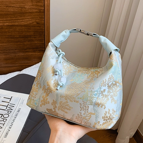 Bolso de Hombro de Satén Jacquard Nuevo Estilo Chino Para Mujer Vintage Bordado Floral Bolso Hobo Hebilla De Metal Decor