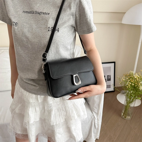 Borsa a Tracolla Piccola Quadrata in Pelle PU Semplice da Donna Borsa a Mano alla Moda a Tinta Unita con Serratura in Argento