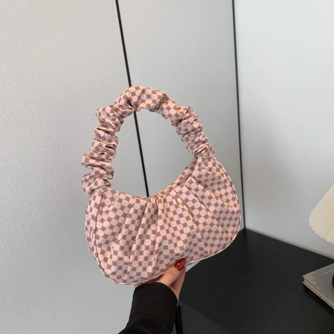 Borsa Sotto l'Ascella in Pelle PU Donna Con Stampa Geometrica e Pieghe Manico Scrunchie Borsa Hobo Moda Coreana Casual