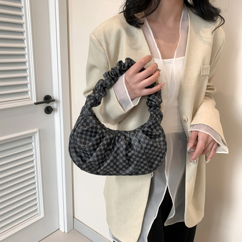 Borsa Sotto l'Ascella in Pelle PU Donna Con Stampa Geometrica e Pieghe Manico Scrunchie Borsa Hobo Moda Coreana Casual