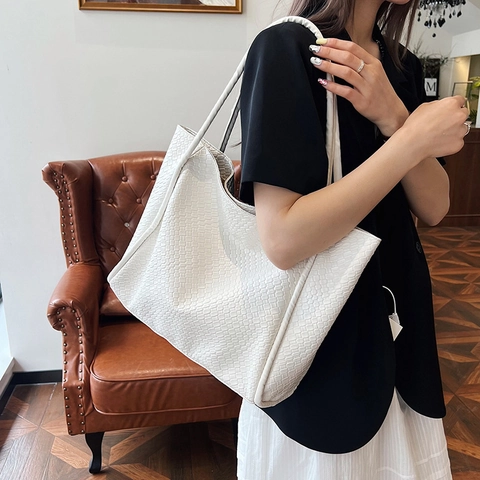 Bolso Tote de Mujer de Cuero PU Tejido Gran Capacidad Bolso de Hombro Retro Simple Conmutar Elegante Color Sólido Bolso de Mano
