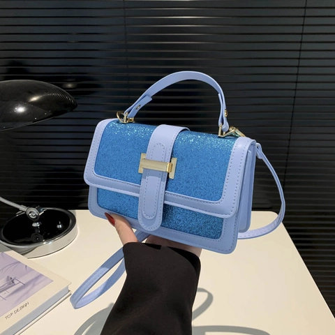 Bolso de Hombro Cruzado de Cuero PU con Lentejuelas para Mujer Hebilla en H Dorada Bolso Cuadrado Pequeño Color de Contraste