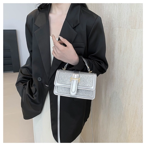 Bolso de Hombro Cruzado de Cuero PU con Lentejuelas para Mujer Hebilla en H Dorada Bolso Cuadrado Pequeño Color de Contraste