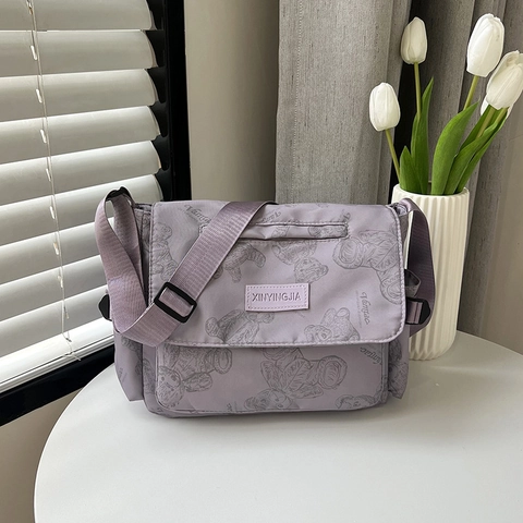 Bolso Mensajero de Nailon a la Moda para Mujer Estampado de Oso Repelente al Agua Gran Capacidad Bolso de Hombro para Estudiantes