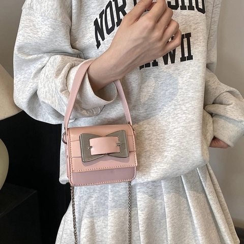 Mode PU Leder Mini Vierkante Tas Voor Dames Trendy Strik Handtas Elegante Ketting Schoudertas Zomer Dagelijks Casual