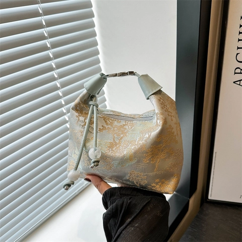 New Chinese Style Jacquard Satin Underarm Bag Elegant Scenery Pattern Shoulder Bag For Women Retro Casual Crossbody Bag