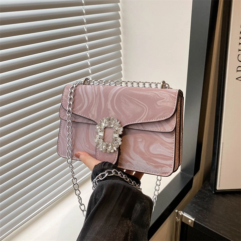 Women Fashion Marble Pattern PU Leather Shoulder Bag Rhinestone Buckle Chain Crossbody Bag Elegant Evening Purse