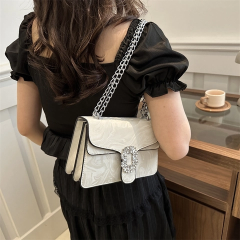 Women Fashion Marble Pattern PU Leather Shoulder Bag Rhinestone Buckle Chain Crossbody Bag Elegant Evening Purse