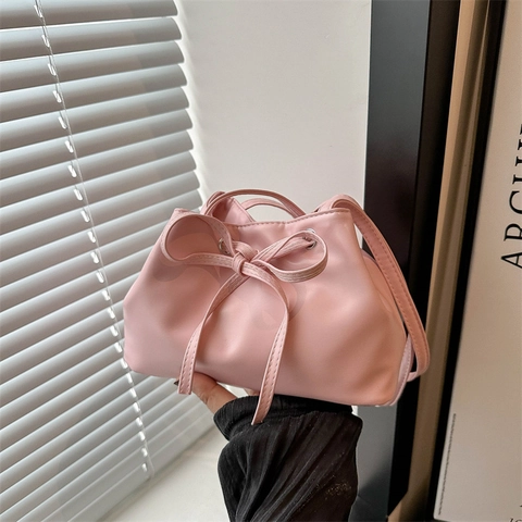 Women Korean Style Bow Tie Drawstring Bucket Bag Large Capacity PU Leather Shoulder Bag Minimalist Casual Underarm Bag