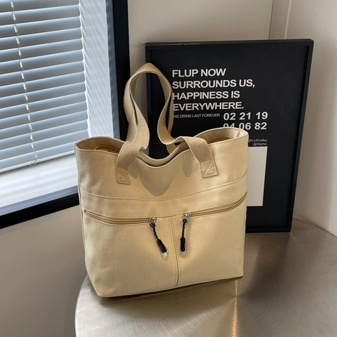 Women Large Capacity Canvas Tote Bag Casual Solid Color Shoulder Bag With Double Zipper Pockets For Commuting Street Style Fashion Handbag