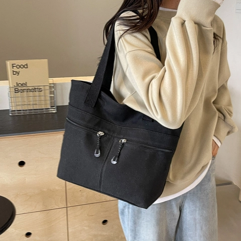 Women Large Capacity Canvas Tote Bag Casual Solid Color Shoulder Bag With Double Zipper Pockets For Commuting Street Style Fashion Handbag