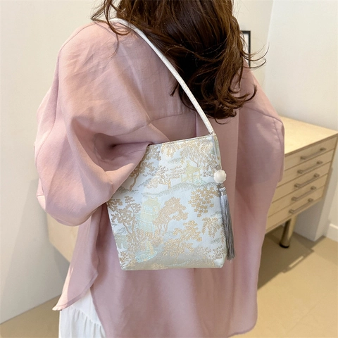 Vintage New Chinese Style Satin Jacquard Shoulder Bag Floral Embroidered Underarm Bag With Tassel For Women Daily Accessories
