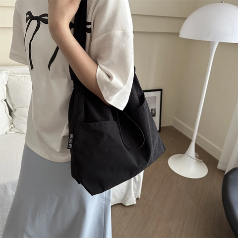 Bolso de Hombro de Lona para Mujer con Cordón Gran Capacidad Color Sólido Casual Tote Bolso Bandolera para Diario