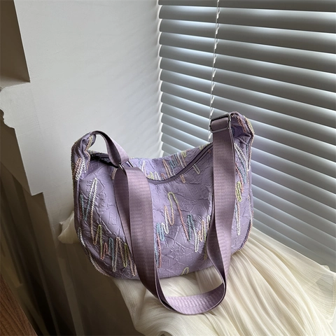 Fashion Women PU Leather Embroidered Hobo Bag Chic Wavy Stitching Letter Pattern Shoulder Crossbody Underarm Handbag