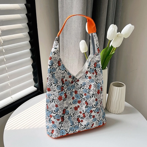 Damen Japanische Blumenmuster PU Schultertasche Große Kapazität Shopper Mit Orangefarbenem Gurt Lässige Handtasche