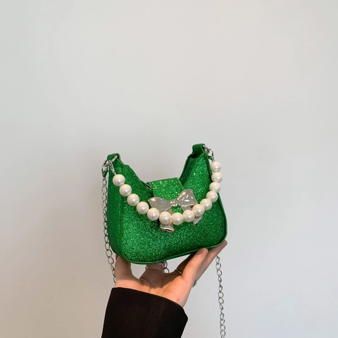 Women's Mini Bow Shoulder Bag With Pearl Handle Glitter Sequin Crossbody Handbag Fashion Chain Bag For Party Wedding