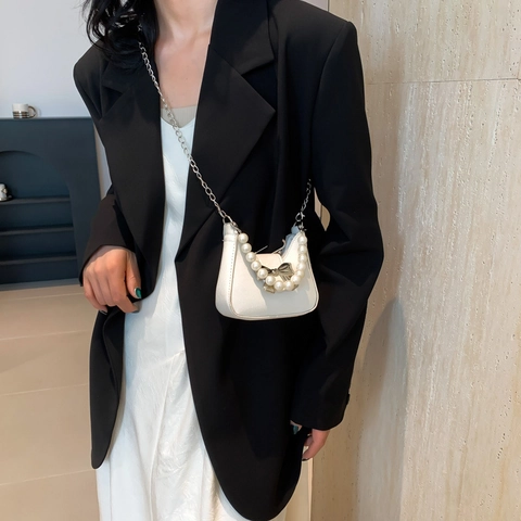 Women's Mini Bow Shoulder Bag With Pearl Handle Glitter Sequin Crossbody Handbag Fashion Chain Bag For Party Wedding