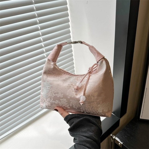 Sac à Épaule en Nylon Jacquard Nouveau Style Chinois Avec Motif Paysager Traditionnel Cordon Perlé Sac Bandoulière Femme Mode