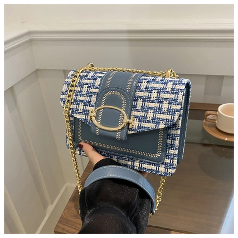 Petit Sac à Bandoulière en Tweed à Carreaux pour Femmes Vintage PU Cuir Patchwork Carré Sac Messager Chaîne en Métal Rabat Quotidien