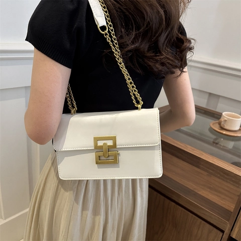 Damen Vintage PU Leder Schultertasche Geometrischer Verschluss Kette Umhängetasche Kleine Quadratische Tasche Für Den Alltag