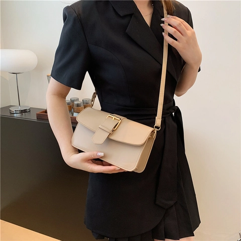 Bolso de Hombro de Cuero PU Minimalista para Mujer Bolso Cuadrado Pequeño Vintage Color Sólido Bandolera con Hebilla Dorada