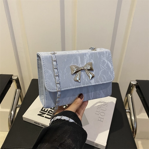 Damen Marmormuster PU Leder Umhängetasche Elegant Metall Schleife Dekor Kleine Quadratische Flap Crossbody Tasche Mit Kette Gurt