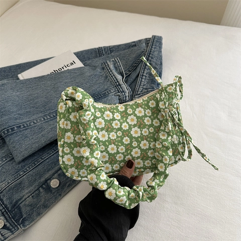 Ländlich Blumendruck Unterarmtasche Damen Frisch Gänseblümchen Schultertasche Mit Gekräuselter Griff Und Bogen Stoff Tasche