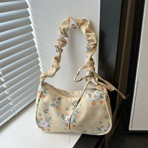 Ländlich Blumendruck Unterarmtasche Damen Frisch Gänseblümchen Schultertasche Mit Gekräuselter Griff Und Bogen Stoff Tasche