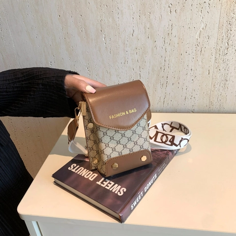Borsa a Spalla Piccola Monogramma Retrò Donna in Pelle PU Tela Cerata Tracolla Moda Cinturino Largo Mini Borsa Quadrata