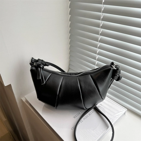 Bolso de Hombro Croissant de Cuero PU para Mujer Plisado Ruched Bolso Bandolera Retro Minimalista Color Sólido Bolso de Mano Diario