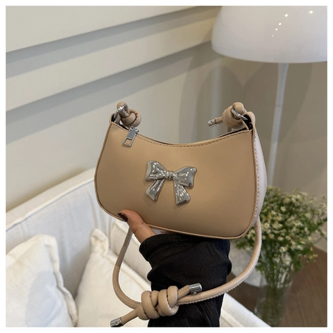 Bolso de Hombro con Lazo de Mariposa para Mujer Cuero PU Color Sólido Correa Anudada Bolso Hobo Axila Bandolera
