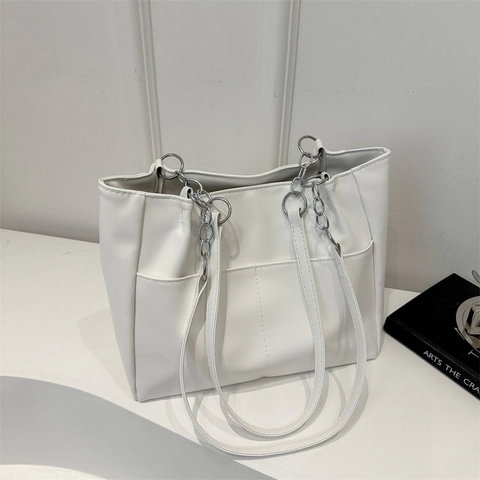 Fashion Women PU Leather Shoulder Bag Underarm Bag With Metal Chain Strap Solid Color Large Capacity Tote Crossbody Bag