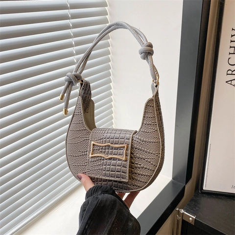 Sac à Bandoulière Demi-Lune Motif Crocodile pour Femmes Sac sous le Bras en Cuir PU Rétro avec Poignée Nouée et Boucle Métallique Chic
