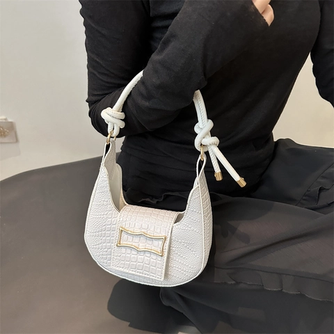 Sac à Bandoulière Demi-Lune Motif Crocodile pour Femmes Sac sous le Bras en Cuir PU Rétro avec Poignée Nouée et Boucle Métallique Chic