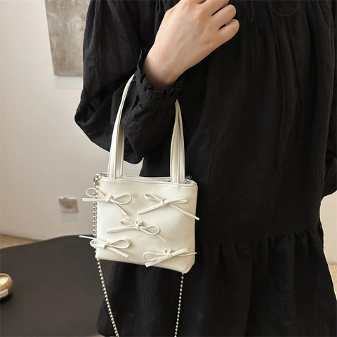 Women Fashion Bow Tie Small Square Shoulder Bag Metallic PU Leather Handbag With Metal Bead Chain Underarm Bag Party Purse