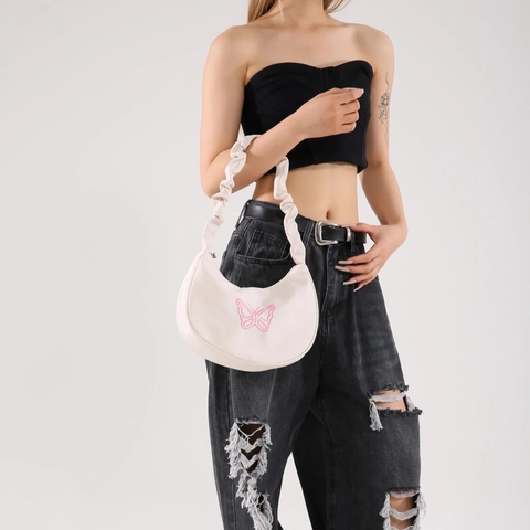 Sac sous le bras Femme Broderie Papillon Mode Poignée Plissée Sac à Bandoulière en Toile Croissant Style Y2K
