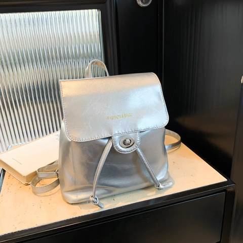 2024 New Fashion Women PU Leather Backpack Solid Color Mini Backpack With Drawstring Metal Turn Lock Casual Shoulder Bag