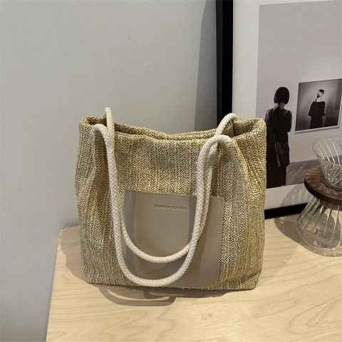 Große Kapazität Gewebte Stroh Tote Bag Für Damen Sommer Casual Schulter Strand Urlaub Handtasche Mit Buchstaben Patch Mode Taschen
