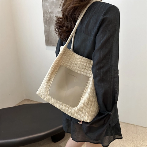 Große Kapazität Gewebte Stroh Tote Bag Für Damen Sommer Casual Schulter Strand Urlaub Handtasche Mit Buchstaben Patch Mode Taschen