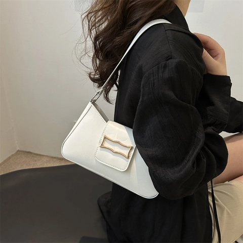 Bolso de Hombro Minimalista de Cuero PU para Mujer Bolso de Mano de Color Sólido a la Moda Con Hebilla de Metal