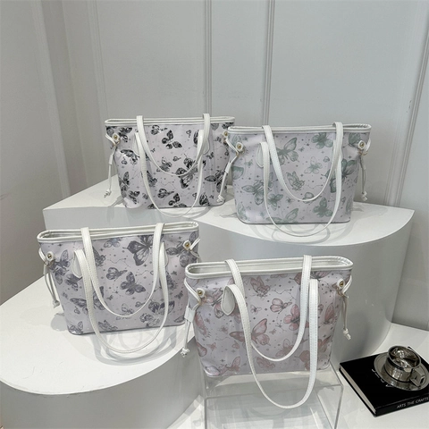 Butterfly Print Tote Bag Large Capacity PU Leather Shoulder Handbag Constellation Pattern Drawstring Detail For Women