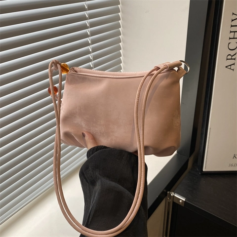 Bolso de Axila de Cuero PU Plisado para Mujer Bolso de Hombro Vintage de Color Sólido Con Decoración de Cuentas de Ámbar