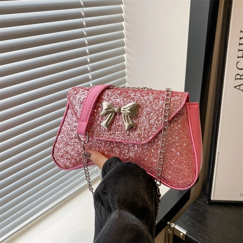 Trendy Dames Pailletten Strik Schoudertas Glinsterende Ketting Crossbody Tas Avond Underarm Clutch Party Reishandtas