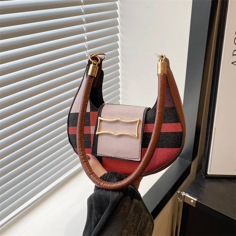 Women Color Block Hobo Shoulder Bag PU Leather Geometric Plaid Underarm Bag Gold Metal Buckle Retro Fashion Daily Handbag