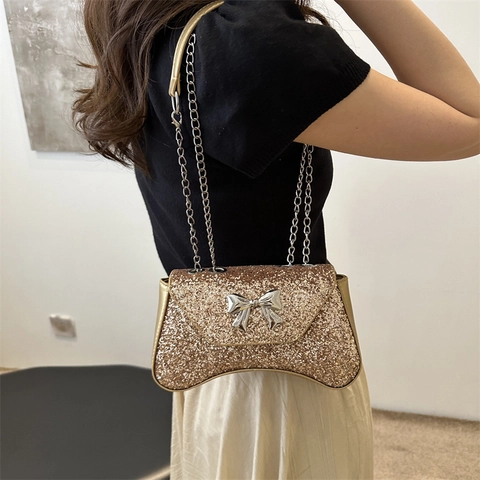 Trendy Dames Pailletten Strik Schoudertas Glinsterende Ketting Crossbody Tas Avond Underarm Clutch Party Reishandtas